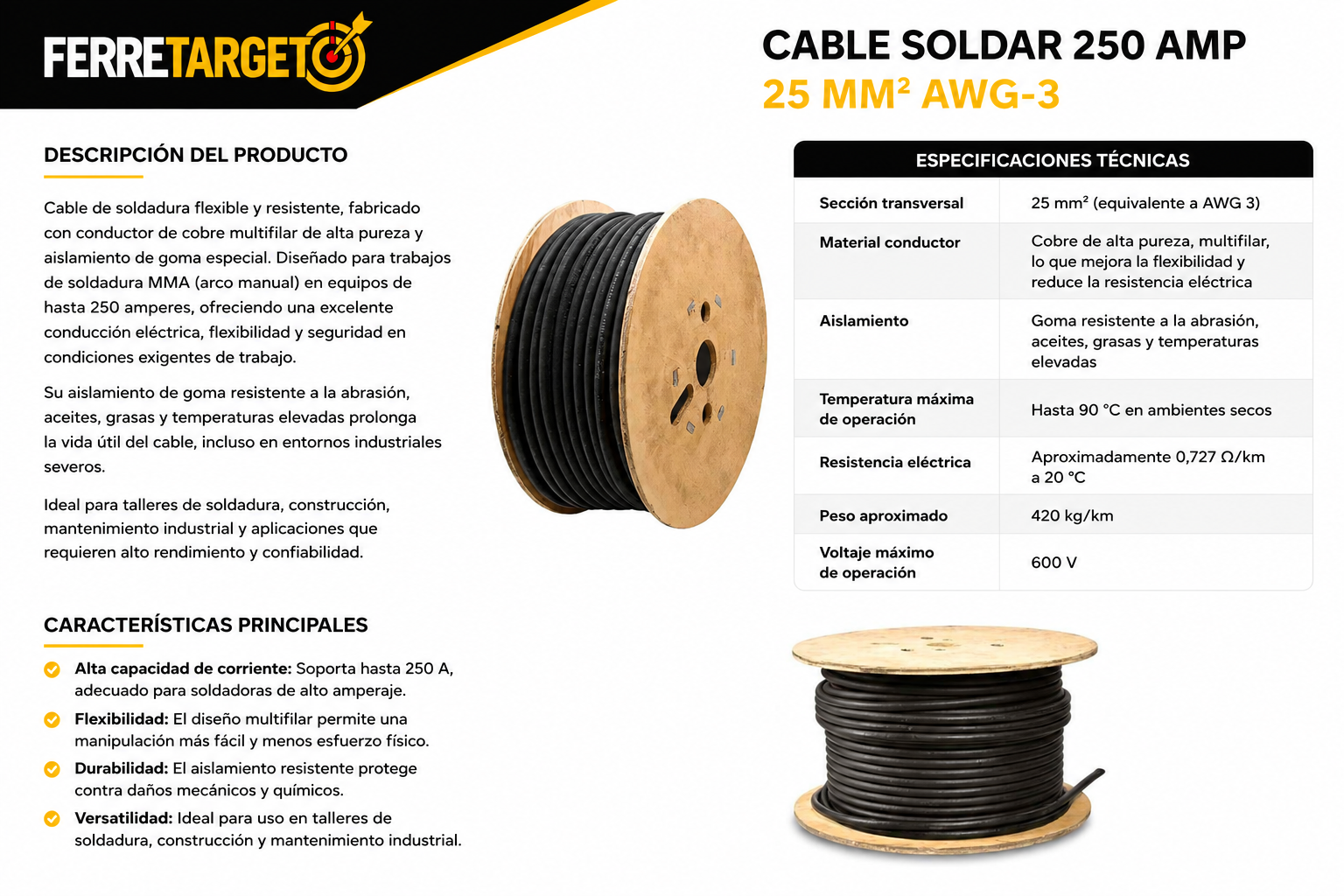 CABLE DE SOLDAR 250 AMP 25 MM2 (AWG-3) 100% COBRE - Imagen 2